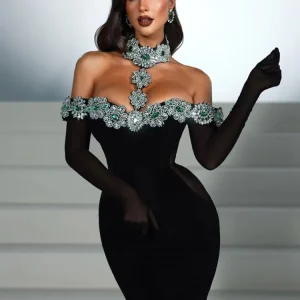 Women's Diamonds Crystal Black Maxi Bodycon Evening Dress