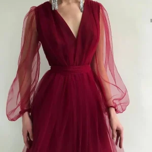 Plus Size Lantern Sleeve V-neck Layered Dress