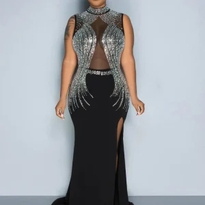 Beyprern Black Mesh Bust Rhinestones Décor Dress